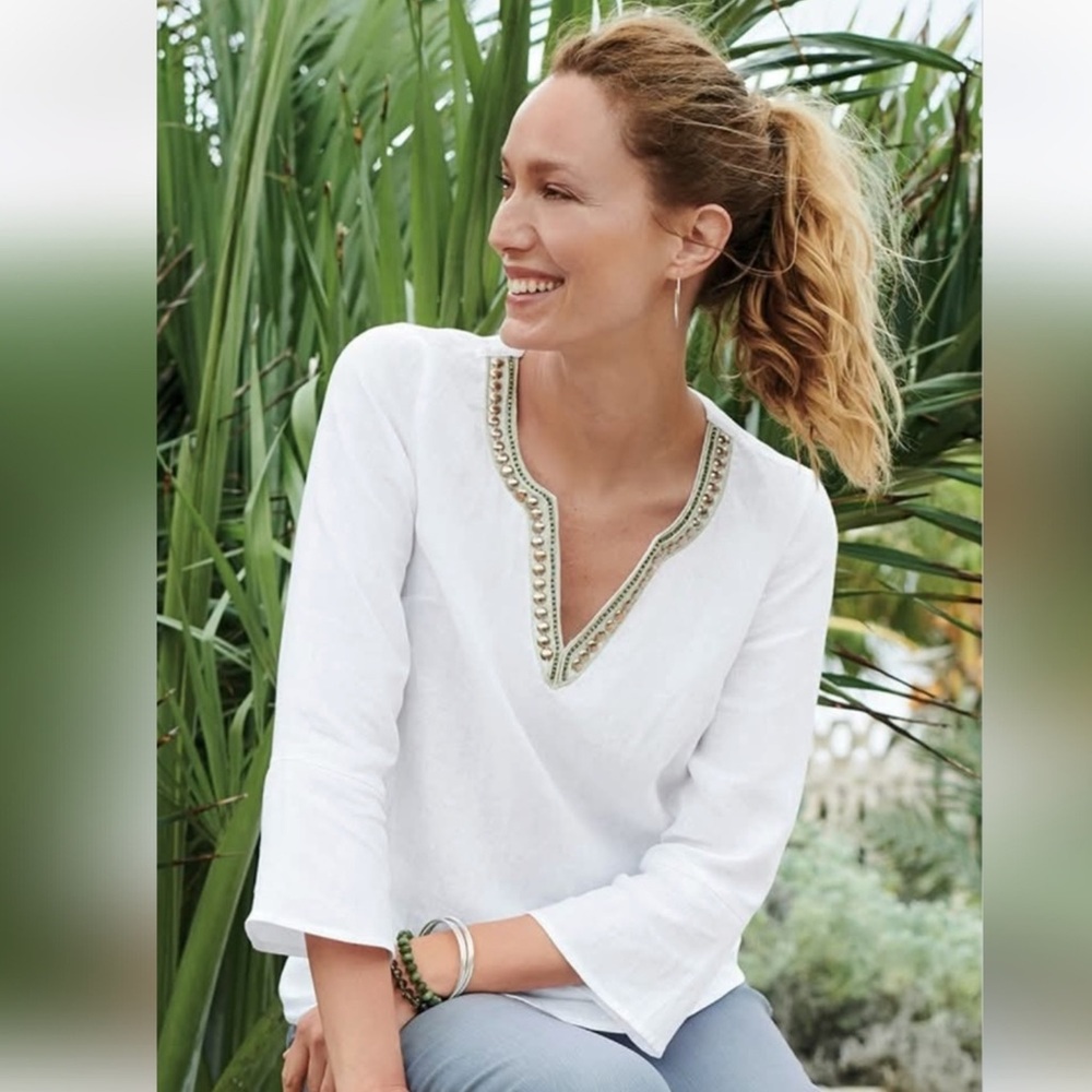 NWT J. Jill White Linen Beaded Neckline Top XSP